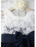 Navy Blue Taffeta Ivory Lace V Back Knee Length Flower Girl Dress